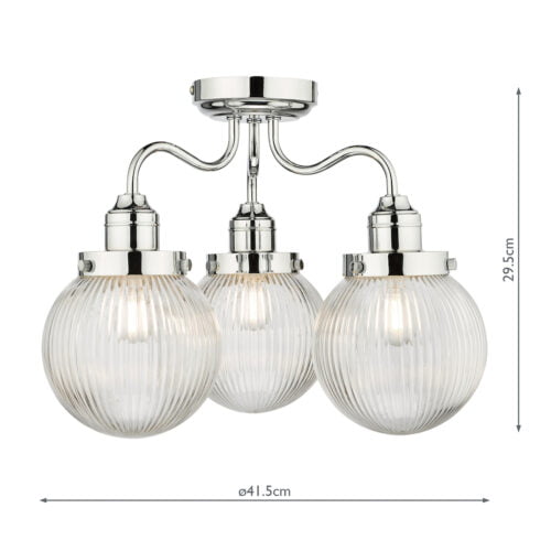 Tamara 3 Light Bathroom Semi Flush Polished Chrome Ribbed Glass IP44 - Image 2